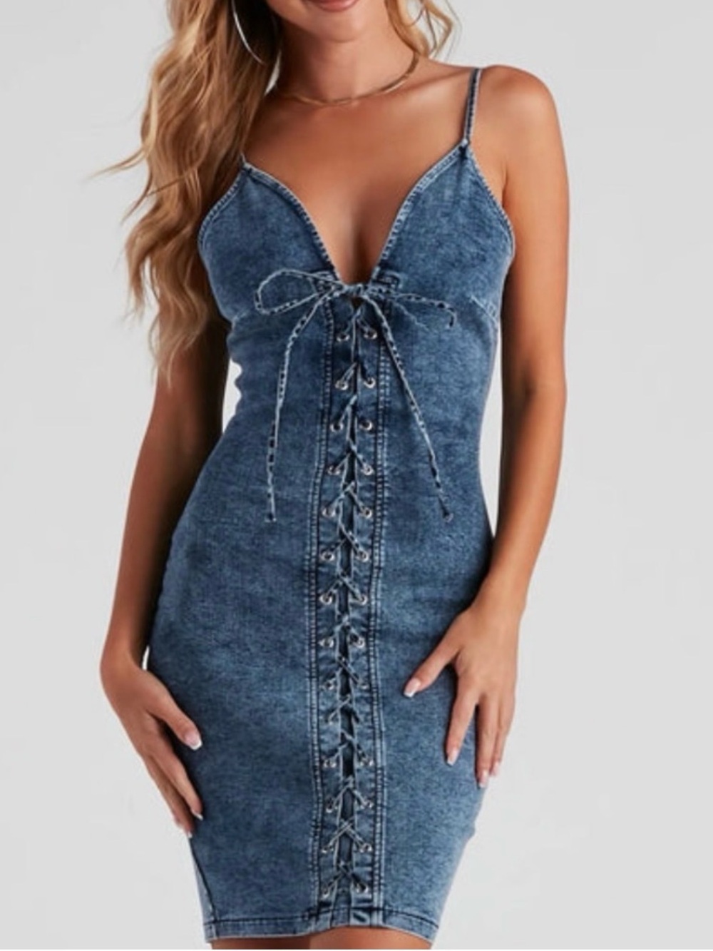 Windsor Blue Denim Lace-Up Mini Dress
